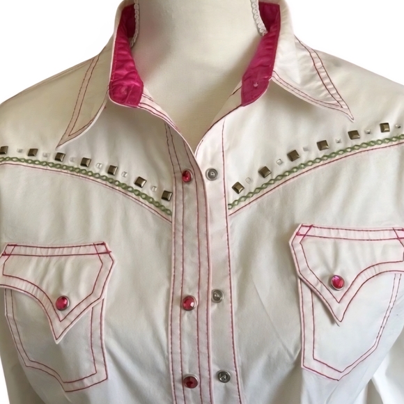 Rock 47 By Wrangler Women Western shirt Sz M Cow Girl Fancy pearl buttons‎ #311 - Picture 1 of 9
